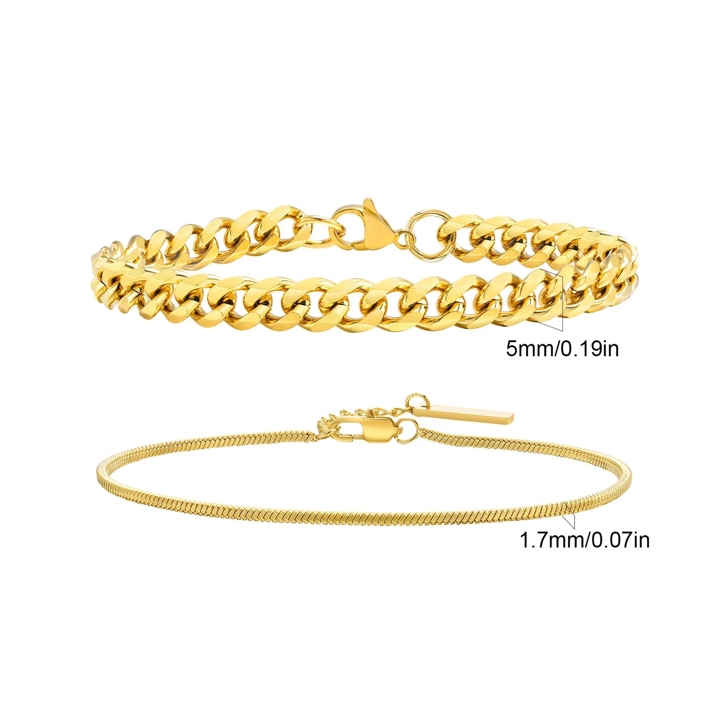 2pcs Men's Chain Bracelets, Stainless Steel Silver Gold Black Color