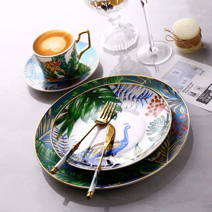 Dinnerware Set Colorful Forest Animal Design Plate Steak Tray Flat Ceramic Tableware 10inch Dish Christmas Gift Gold