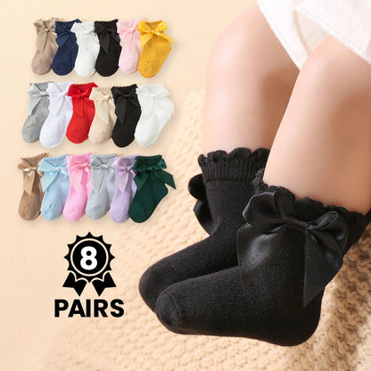 8 Pairs Baby Girls Bow Socks Set Soft  Ankle Socks 0-3Y Toddler Princess Socks With Big Bow Solid Color Kids Socks