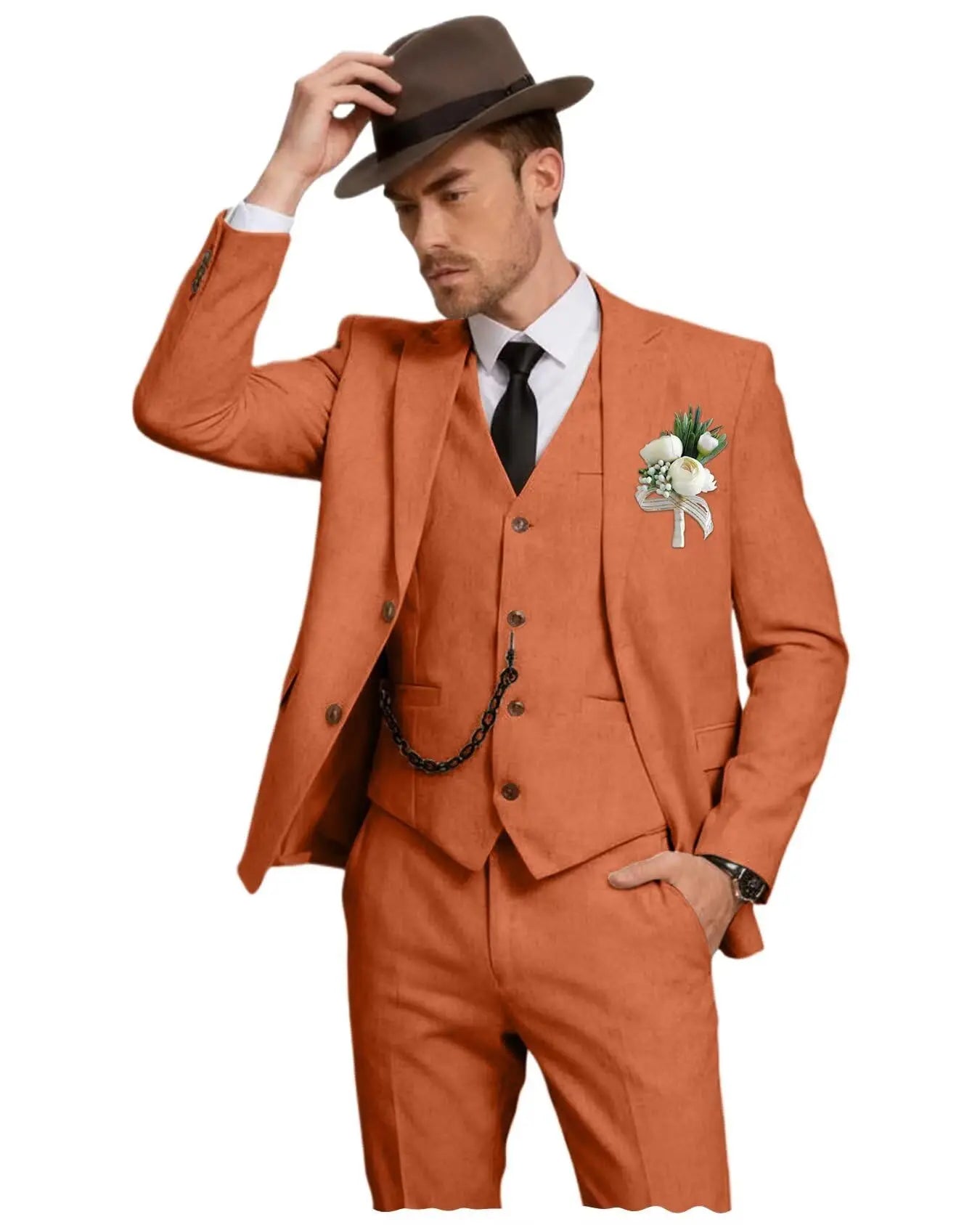 Men's 3 Piece Linen Suit, Slim Fit Notch Lapel Single Breasted Blazer Vest Pants Set Breathable Casual Business Wedding Suit
