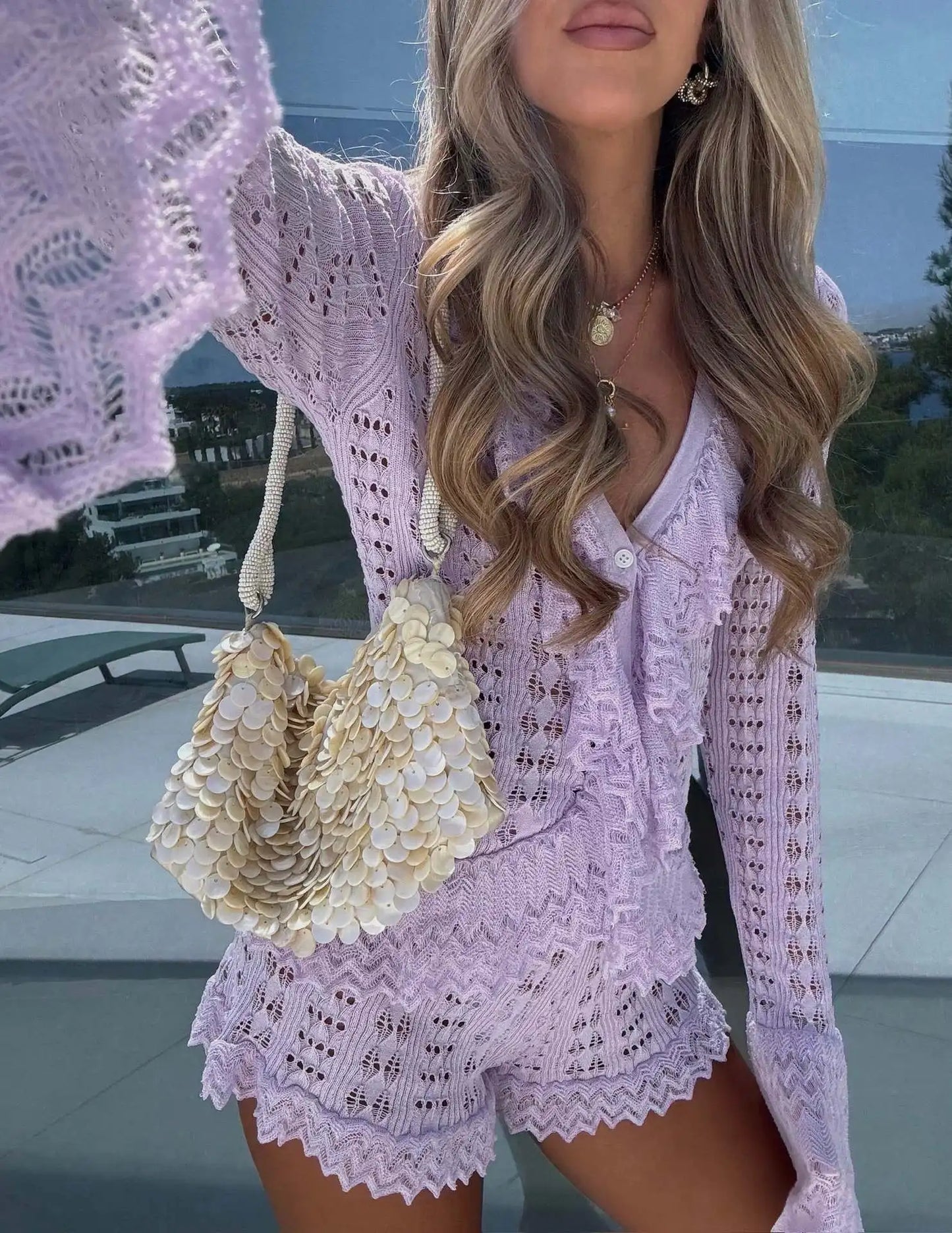 Women Hollowed Two-piece Set V-neck Sheer Waves Fungus Edge Flared Sleeves Lace Shorts Pants 2026 Summer Vacation Party Outfit