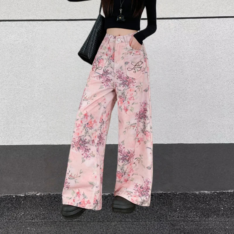2025 Trend Y2K Style Flowers Printed Pink Baggy Women's Jeans Pants Woman Clothing Korean Casual Cotton Long Trousers Ropa Mujer