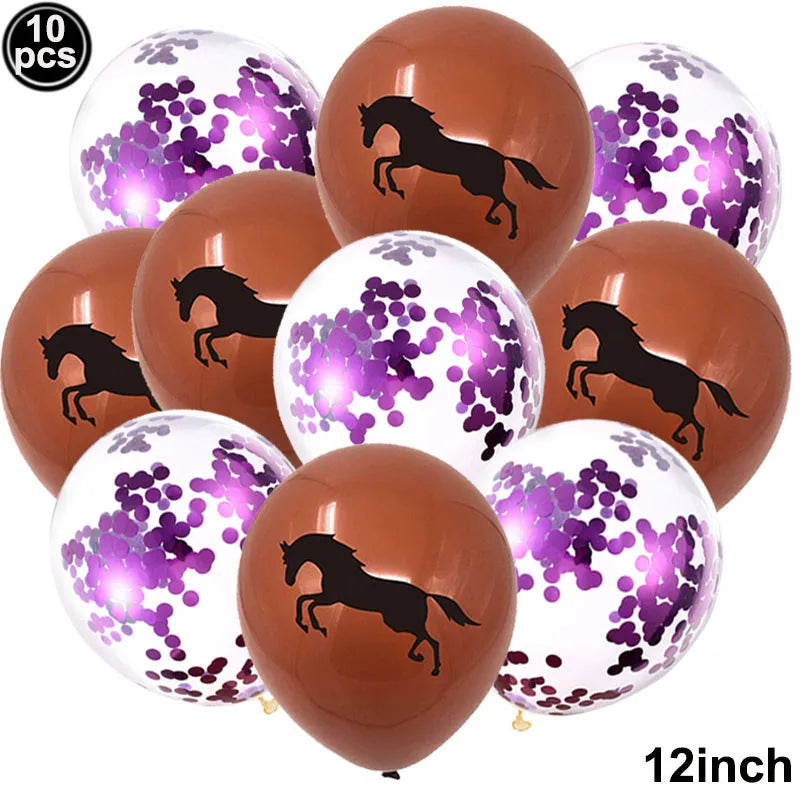 10pcs Horse Balloons Set Party Decor Confetti Sequin Balloons Foil Latex Party Balloons Kid Aldult Cowboy Cowgirl Birthday Party