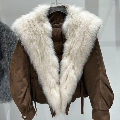 OFTBUY Real Fox Fur Collar Goose Down Jacket Winter Windproof Heavy Padded Coat Women Cropped Puffer Jacket Casual Outerwear