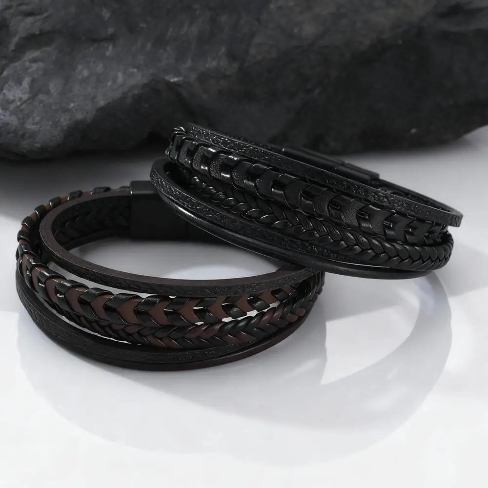 Multi Layer Braided Rope Bracelets for Men,Classic Handmade PU Leather Wristband with Magnetic Buckle,Trendy Punk Jewelry Gift