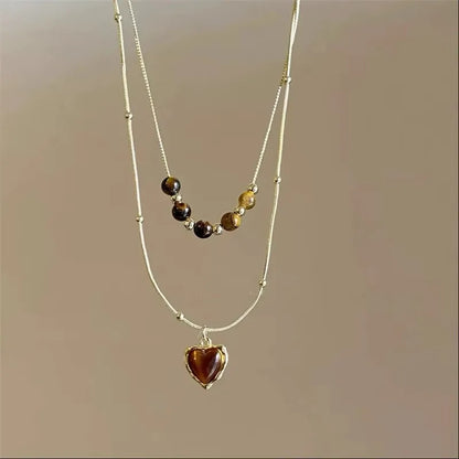 Vintage Leather Brown Stone Sun Pendant Beaded Choker Clavicle Chain Necklace For Women Unique Y2K Personalized Grunge Jewelry