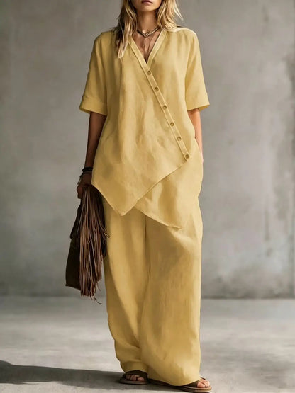 2026 Women's Fashion Casual Solid Color V-Neck Loose Short Sleeve Top and Cardigan with Long Pants Two-Piece Set