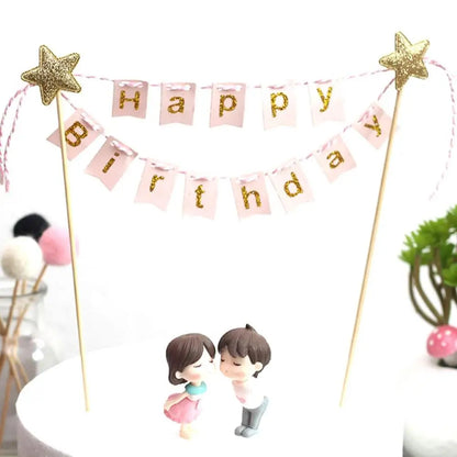 Happy Birthday Cake Flags DIY Gold Stars Bunting Banner Kids Adults Baking Decoration Baby Shower Party Supplies