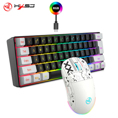 HXSJ-60% RGB Backlit Gaming Keyboard and Mouse Set 61-Key Wired Keyboard 3-Mode Optical Gaming Wireless Mouse for Laptop PC