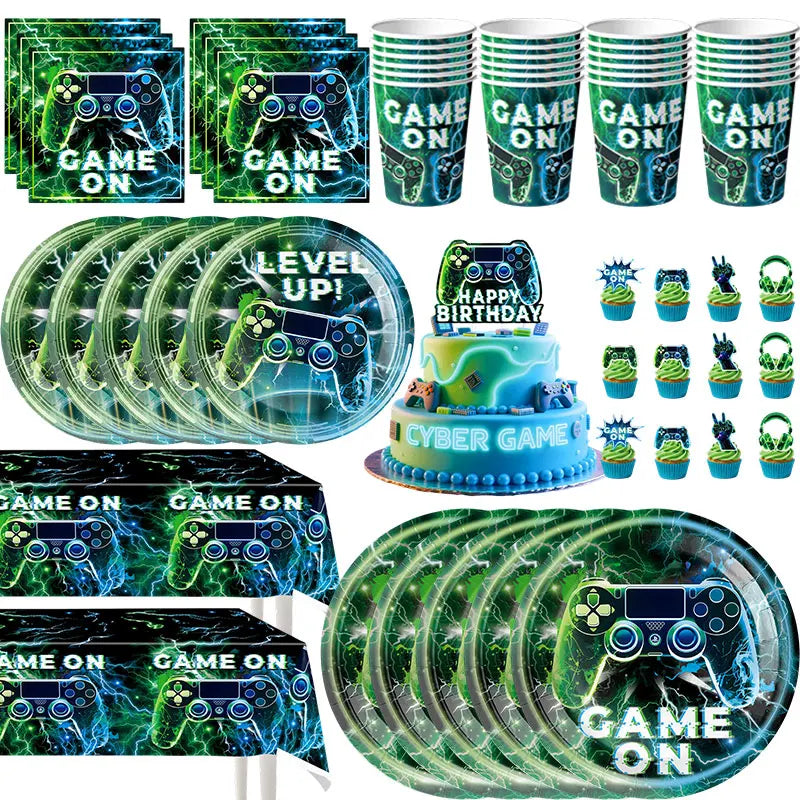 Happy Video Game Themed Birthday Party Decorations Set Tableware Plates Cups Cake Topper Gift Bags Banner Party Supplies Favors