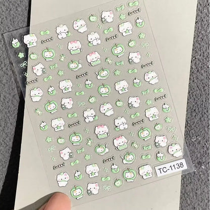 Cute Green Apple Kitten Four-leaf Clover Embossed Stickers for Lighters, Water Cups, Phone Cases DIY Decoration, Nail Stickers