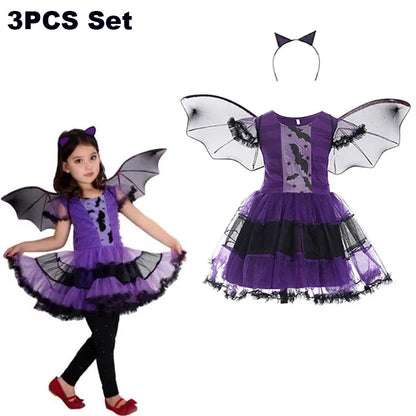 Kids Girls Vampire Devil Cosplay Dress Complete Set with Accessories Halloween Theme Party Costume Holiday Gift for Girls