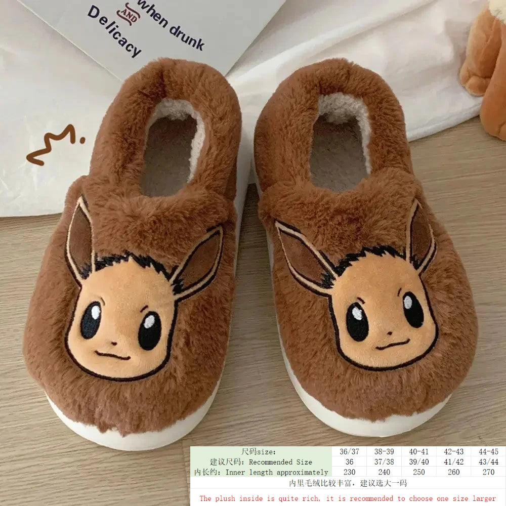 Popular anime Pokemon Pikachu Eevee Couple Cotton Slippers Winter Cute Cartoon Men Women Shoes with Velvet Insulation Anti slip