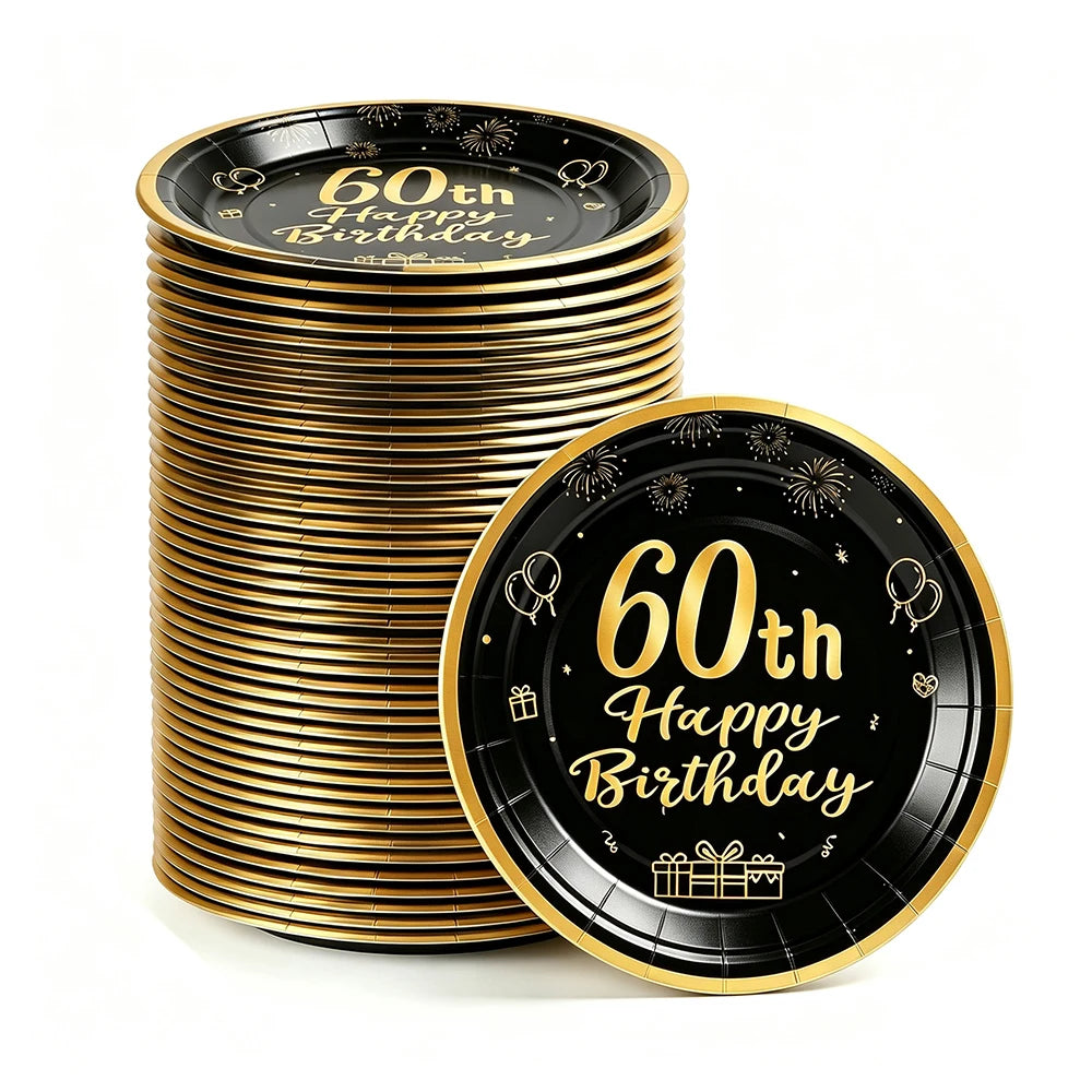 8-40pcs Men Women Adult 18th 30th 40th 50th 60th Birthday Party Decoration Supplies Black Gold Disposable 7/9inch Paper Plates