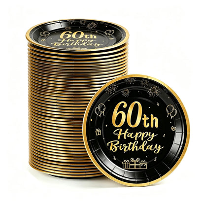 8-40pcs Men Women Adult 18th 30th 40th 50th 60th Birthday Party Decoration Supplies Black Gold Disposable 7/9inch Paper Plates
