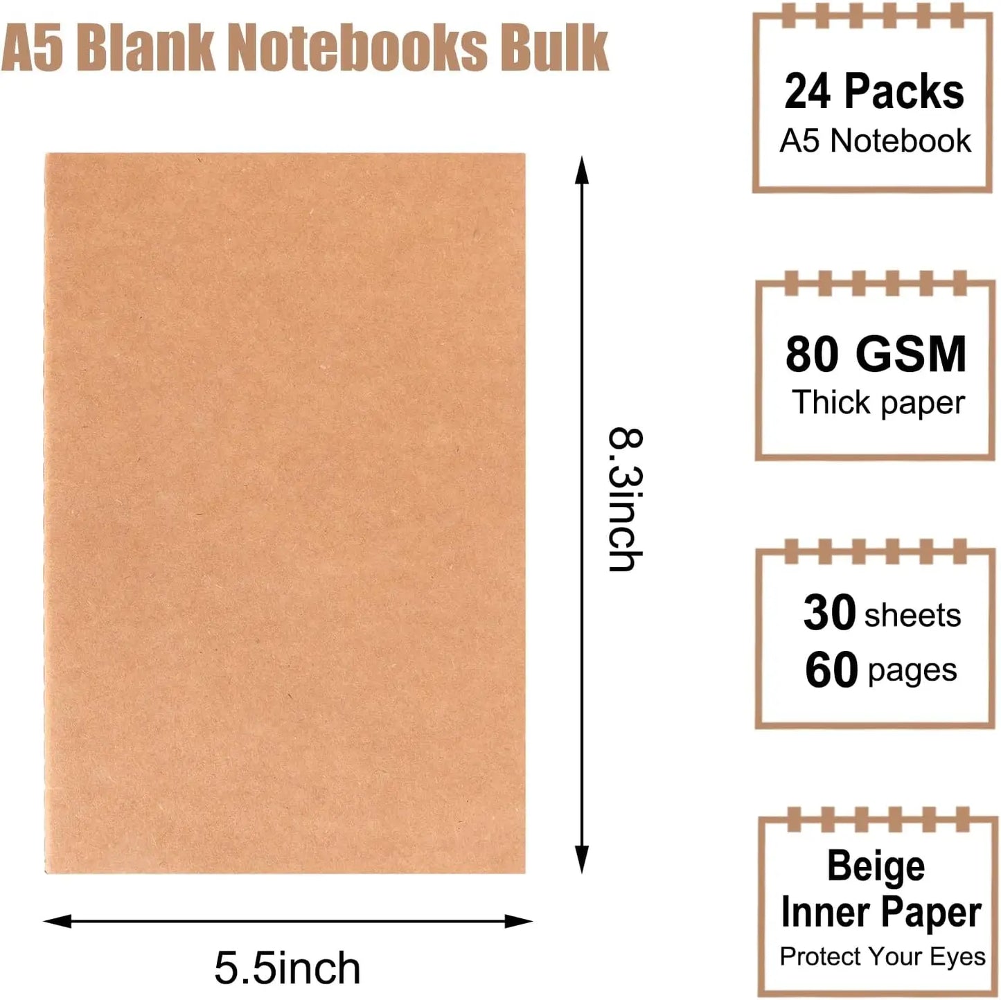 24 Pack Blank Kraft Notebooks A5 Journals Bulk 60 Pages Unlined Paper Sketchbooks for Travel Journaling Writing