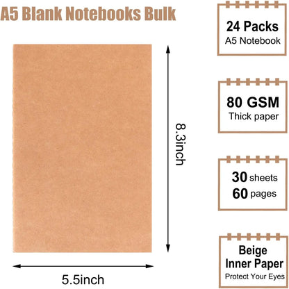 24 Pack Blank Kraft Notebooks A5 Journals Bulk 60 Pages Unlined Paper Sketchbooks for Travel Journaling Writing