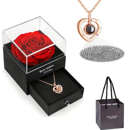 Preserved Red Rose with I Love You Necklace, for Women, Mom, Wife,Christmas Valentines Day Mothers Day Anniversary Birthday Gift