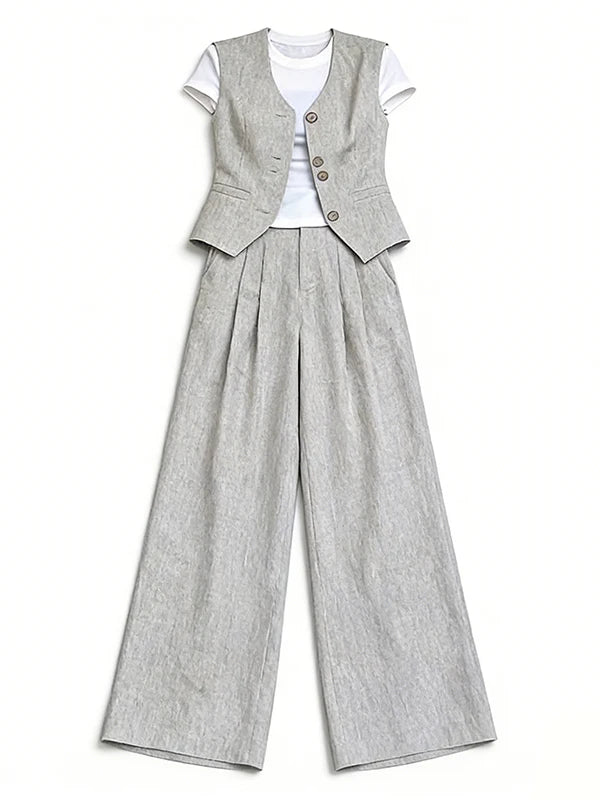 plus Size Casual Style Three Piece Set Women's Summer New White T-Shirt Sleeveless Tank Top Wide Leg Pants Ensemble