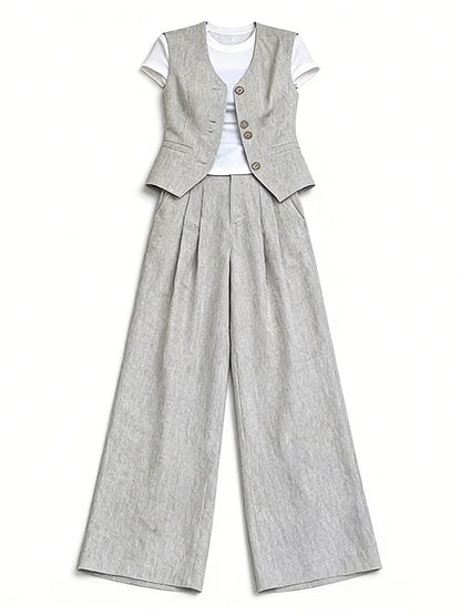 plus Size Casual Style Three Piece Set Women's Summer New White T-Shirt Sleeveless Tank Top Wide Leg Pants Ensemble
