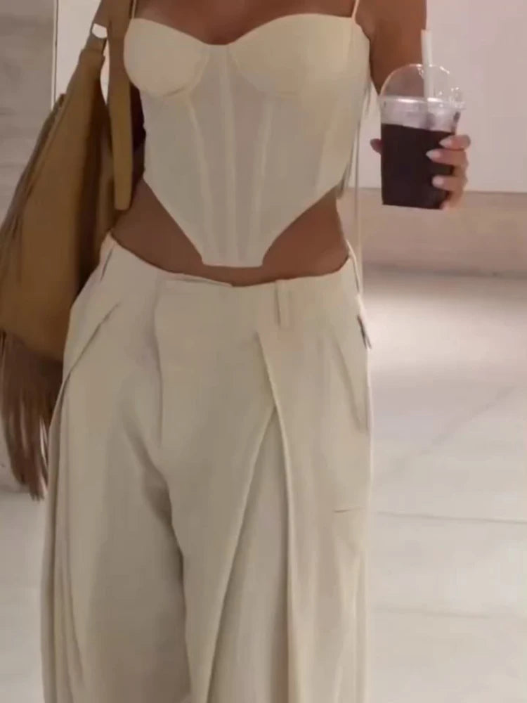 Fashion Slim Fishbone Corset Pant Set Women Sexy Slim Sleeveless Backless Crop Top Wide Leg Pants 2026 Summer Lady Solid Outfit