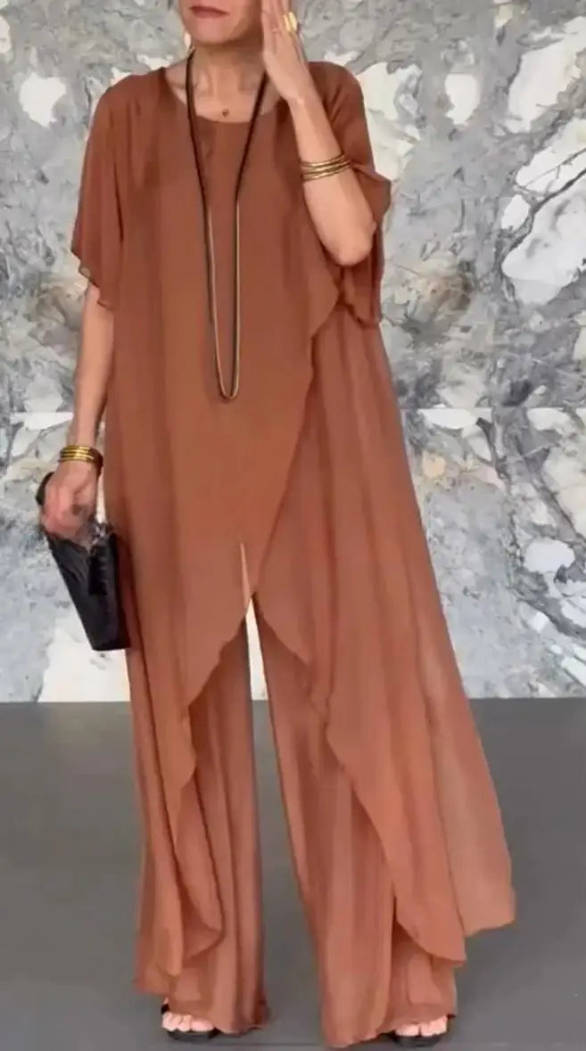 Women Summer Chiffon Pant Sets Short Sleeve Solid Irregular Splicing Long Blouse Wide-leg Pants Casual Loose Trousers Suits Robe