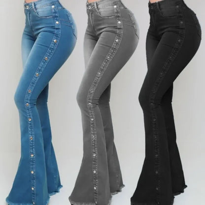 High-Waist Flare Denim Jeans | Distressed Vintage Stretch Trousers | Women's Floor-Length Streetwear Pants