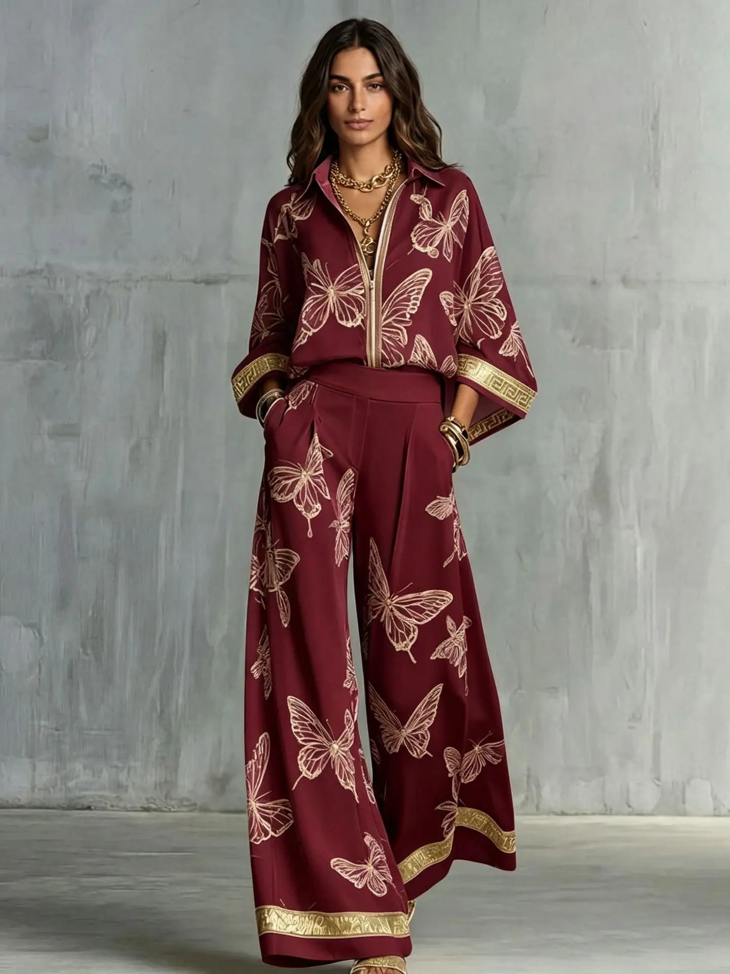 Fashion Set For Women Autumn 2026 New Loose Lapel Zipper Long Sleeve Coat Top Wide Leg Pants Two Piece Set Leisure Print Outfits