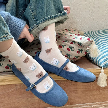 SP&CITY Cute Rabbit Bear Middle Socks for Women Trendy Casual Cartoon Cotton Socks College Style Sweet Girl Breathable Socks