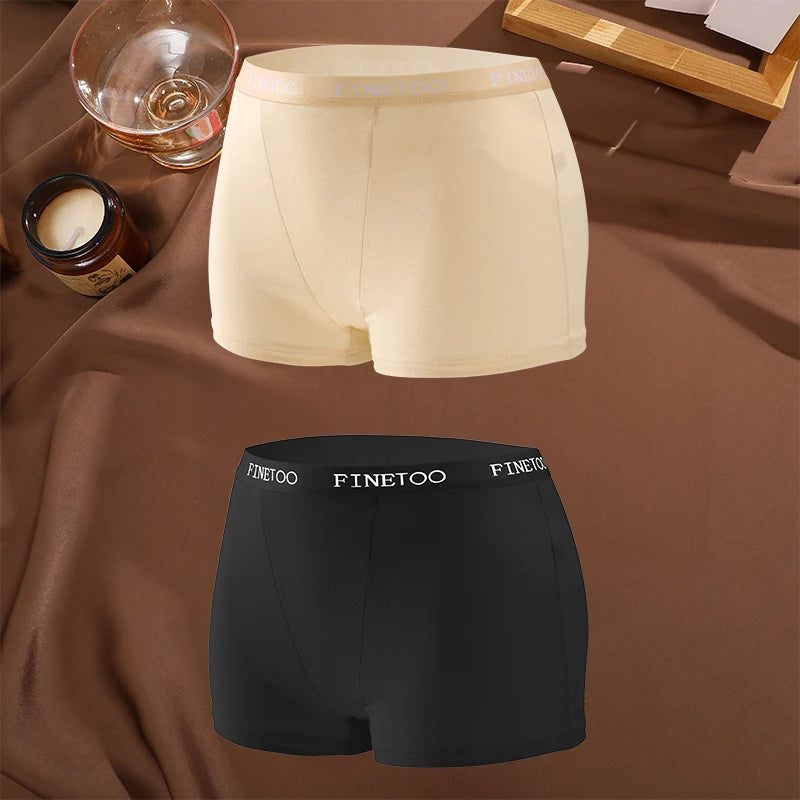 FINETOO 2Pcs/Set Low Waist Women's Underwear Cotton Boxer Plus Size Short Pants For Lady Sexy High Stretch Underwear S-XXL Brief