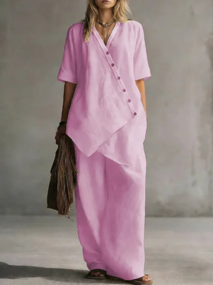 2026 Women's Fashion Casual Solid Color V-Neck Loose Short Sleeve Top and Cardigan with Long Pants Two-Piece Set