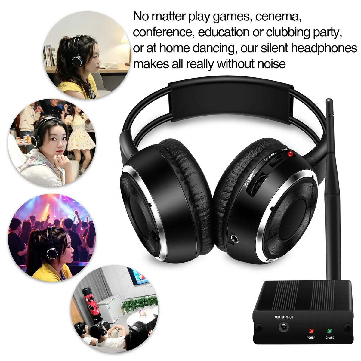 3 Channel Silent Disco Wireless Headphones Bundle with 500m Distance Transmitter for Entertainment Party