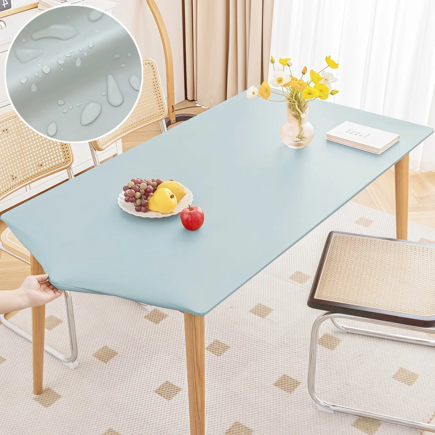 Waterproof Table Cloth Picnic Elastic PU Leather Fitted Edged Table Cloth Stretch Square/Rectangle Table Cover Wipe-Clean