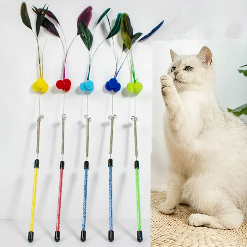 Cat Toy Spring Cat Toys Interactive Steel Wire Feather Toys for Cats Teaser Funny Feather Cats Toy Stick Plush Ball Pet Supplies