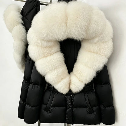 OFTBUY New Fashion Winter Clothes Women Duck Down Coat with Big Natural Fur Collar Belt Hooded Real Fox Fur Puffer Jacket Female