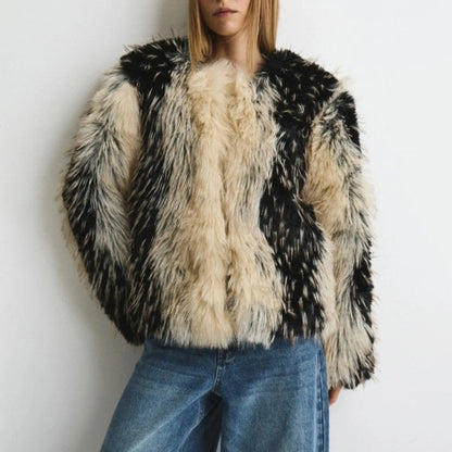Women Black & Beige Two-Tone Fur Fluffy Cropped Jacket, Open Front Collarless Side Pockets, Winter Warm Casual Street Outerwear