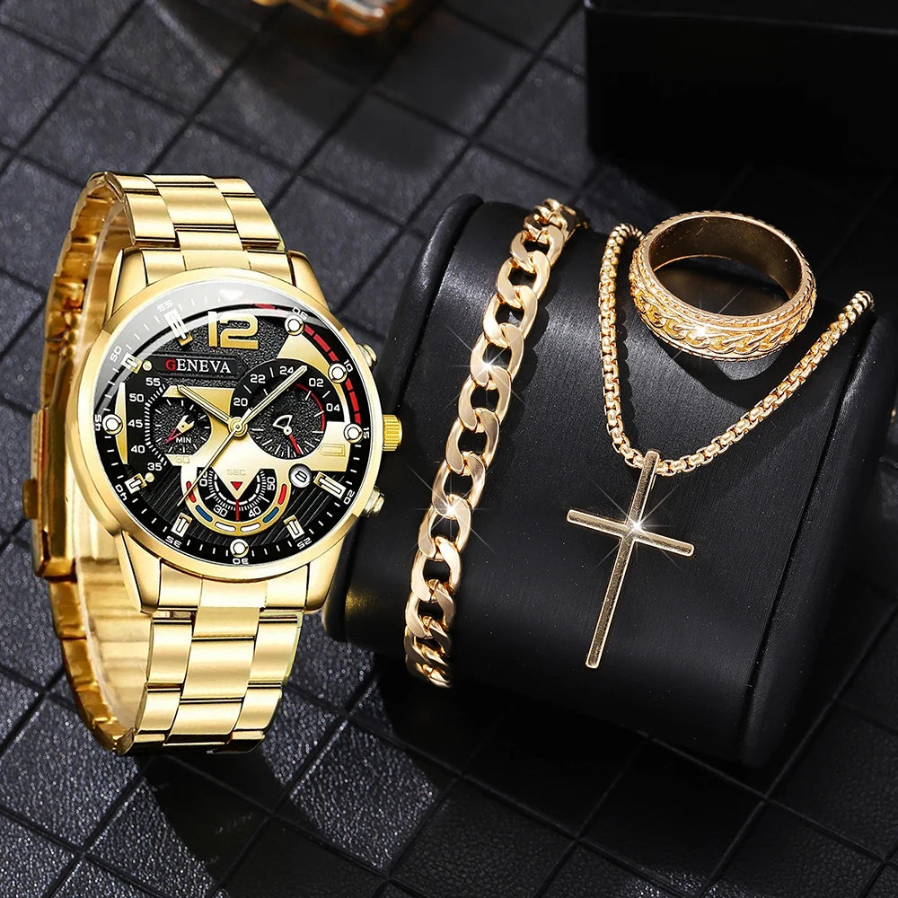 Men's 4-Piece Watch Gift Set | Quartz Watch, Cross Pendant, Ring & Bracelet | Gift for Him