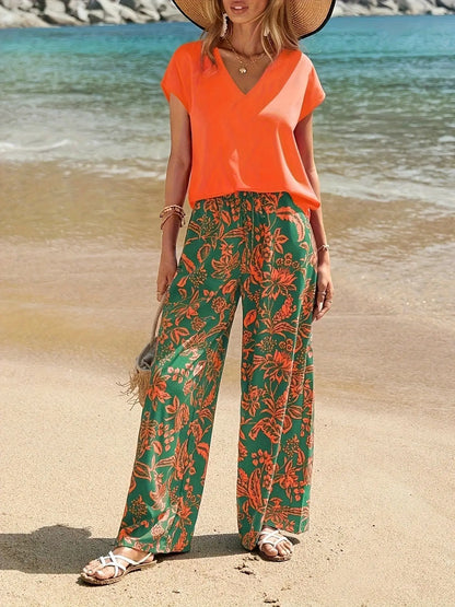 2026 Summer Women 2 Piece Outfit Set V-Neck Short Sleeve T-Shirt + Floral Print Wide Leg Pants Casual Beach Vacation Two Piece T