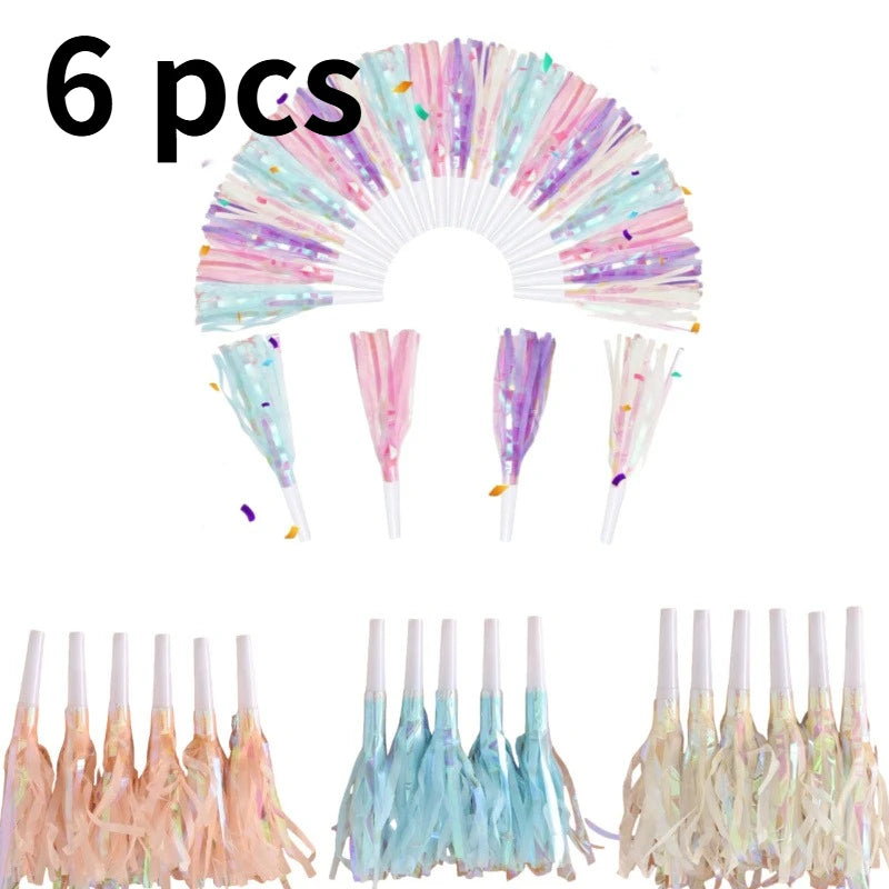 6/24Pcs Glitter Tassel Party Blowout Horn Whistles Wedding Noise Makers Valentine Easter Thanksgiving Gathering Party Favors
