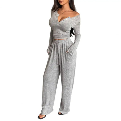 Button Up Crop Top & Wide Leg Pants Set, Women's Long Sleeve Matching