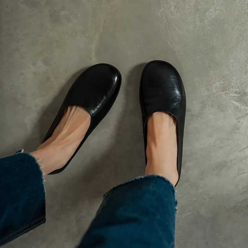 2026 Spring Shallow Mouth Round Toe Loafers Women Shoes Genuine Leather Boat Shoes Fashion Concise Ballet Flats Women Flats