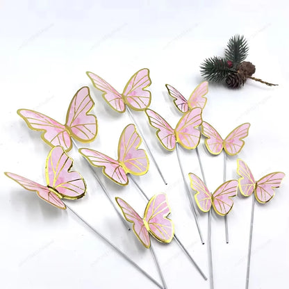 DIY Stamping Gold Pink Butterfly Cake Toppers Happy Birthday Cake Decoration Wedding Party Decor Shower Dessert Baking Supplies