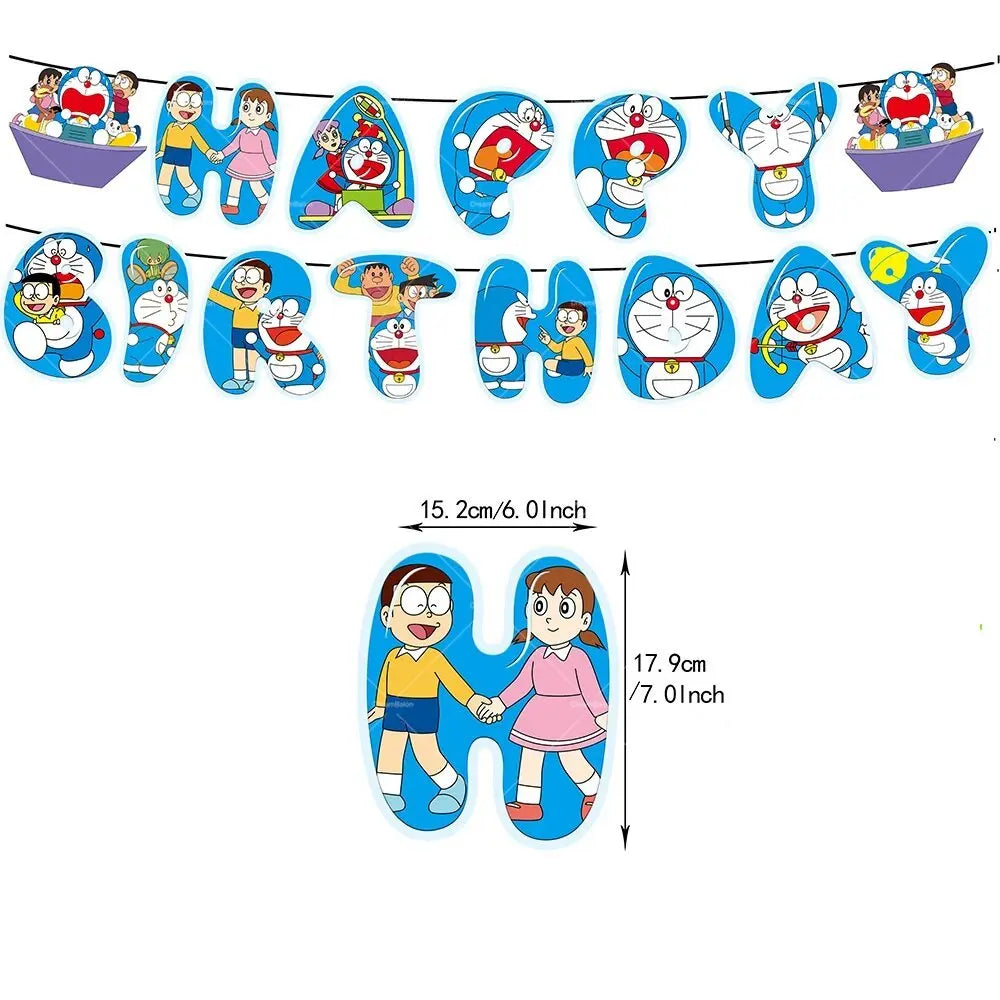 Doraemoned Balloons Cartoon Blue Jingle Cat Party Decoration Supplies Happy Birthday Banner Disposable Tableware Kid Cake Topper