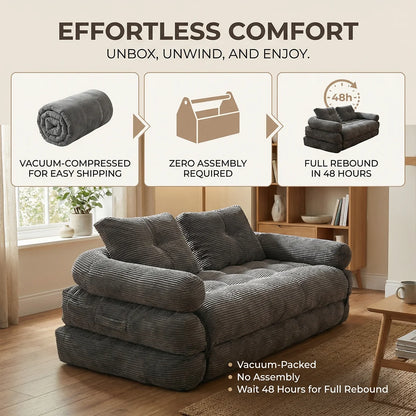 Modern Convertible Sofa Bed, 2-Seater Vacuum Packed Compressed Couch, Soft Memory Foam Floor Sofa for Small Space Living Room
