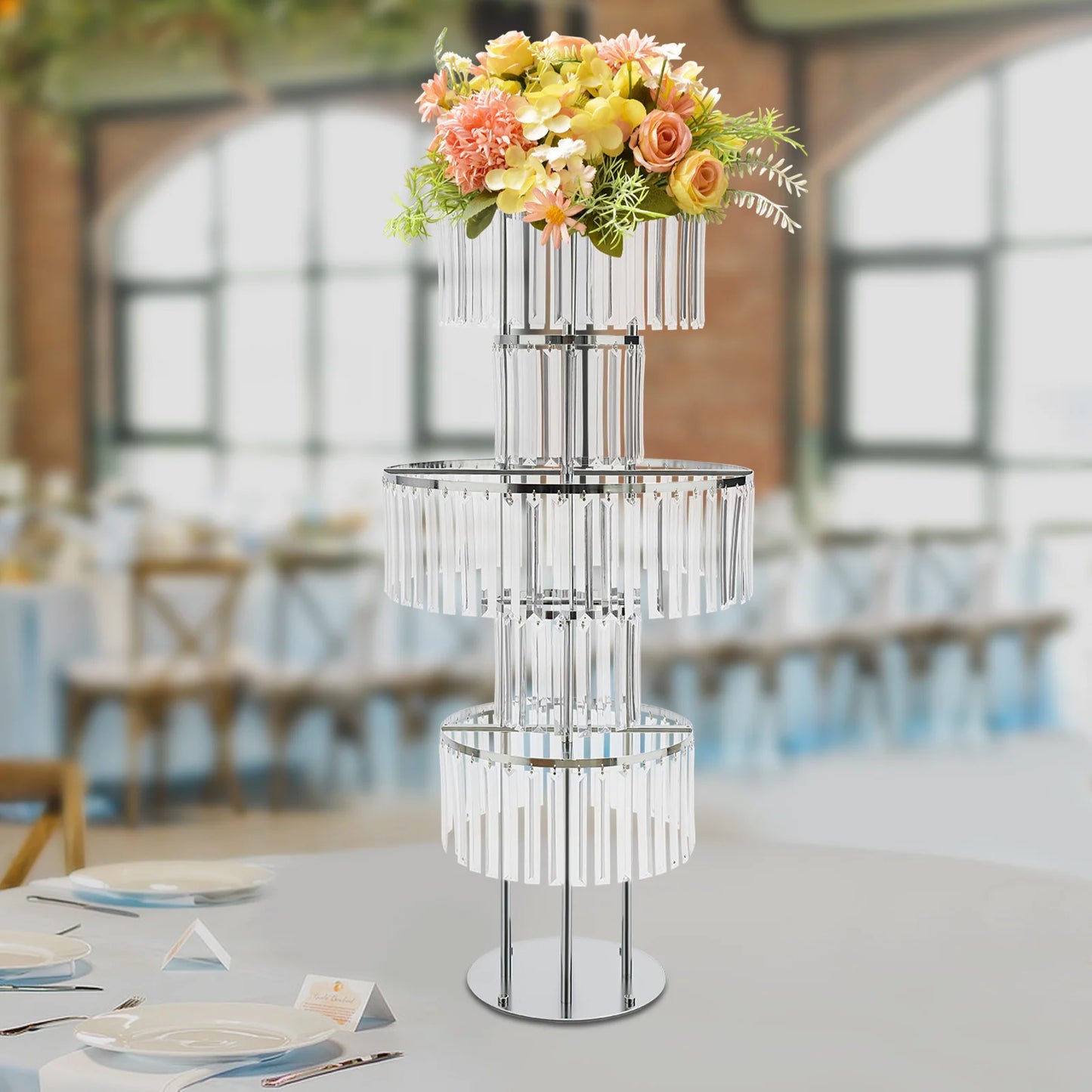 5 Tiers Gold/Silver Wedding Centerpieces Flower Stand Vase Centerpiece Acrylic Flower Stand with Hanging Acrylic