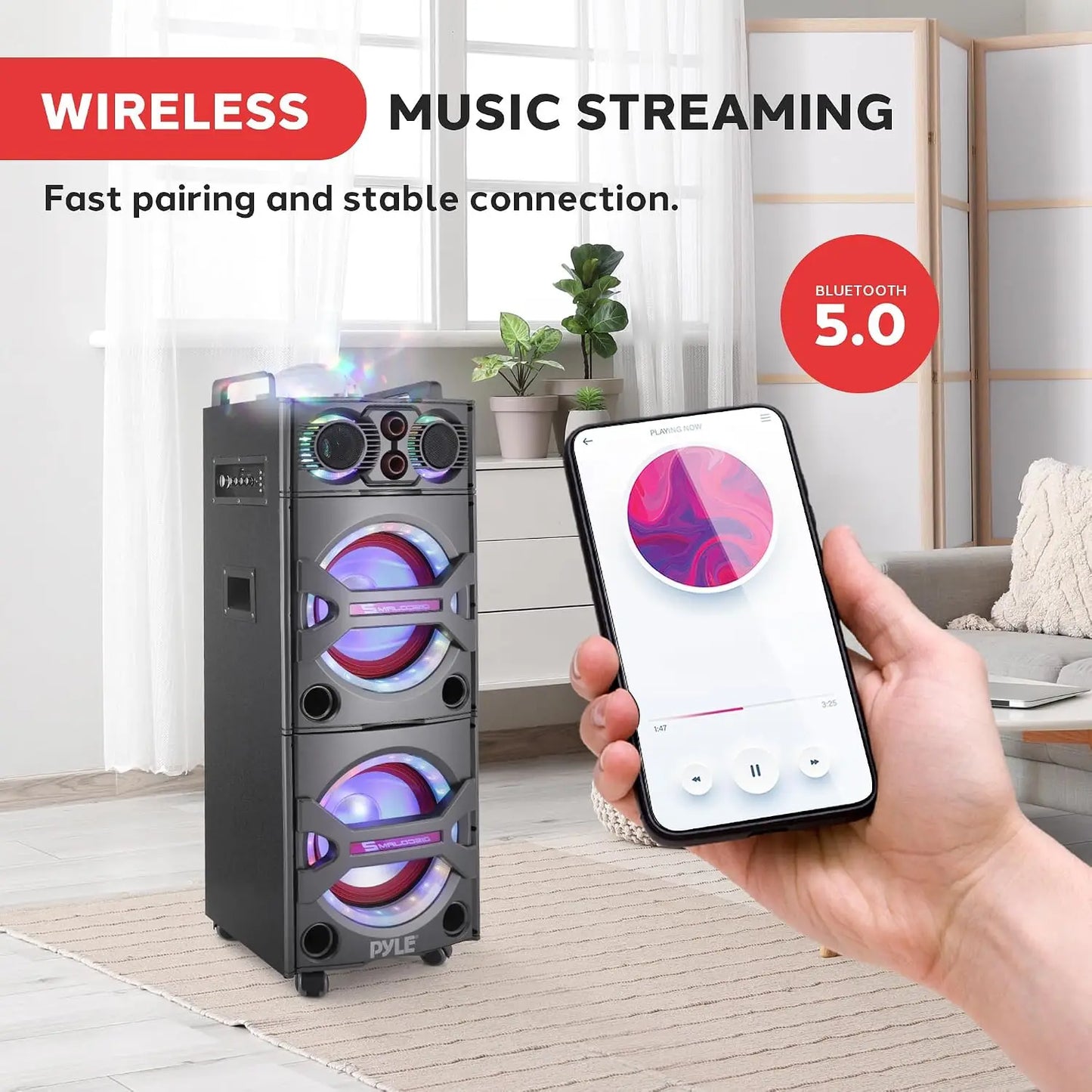 2000W Active Powered Outdoor Portable Bluetooth PA Speaker System with Party Lights, Microphone Input, USB/SD Card Reader, AUX/RCA/FM Radio, and Wheels