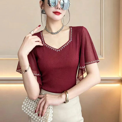 2026 Summer New Diamond Shirt Short sleeved Mesh Tops Slim Korean Fashion Bright Silk Women T Shirt