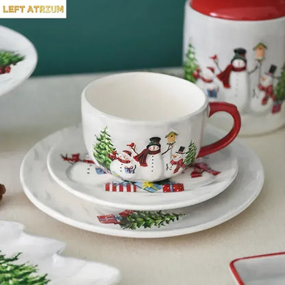 Nordic creative Christmas Snowman bowl plate cutlery set Western ceramic dinner plates Home rice salad bowl cup Christmas gift