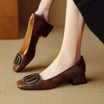 Elegant Women Square ToeBlock Heel Pumps BrownRhombus Embossed Surface Square Buckle ShallowSlip‑onBusiness Commuter Dress Shoes