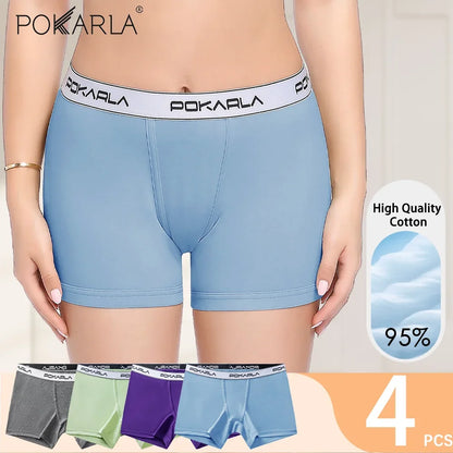 POKARLA 4PCS Women’s Cotton Boxer Underwear Ladies Soft Safety Panties Female Breathable Inseam Briefs Set Boy Shorts Plus Size